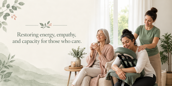 Placeholder photo cropped from an annotated screenshot. A banner reads Restoring energy, empathy, and capacity for those who care, beside a massage therapist working on a seated woman's shoulders.